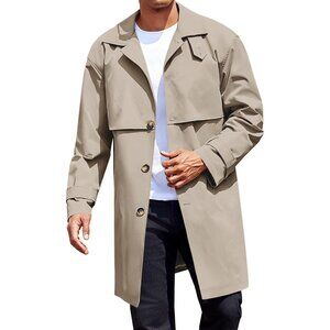 💫 Men Cream Mid Long Trench Coat Single Breasted Slim Fit Casual Fall Jackets
